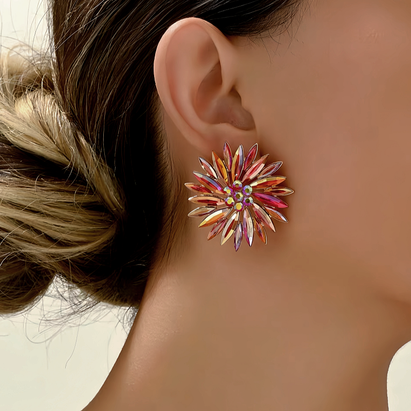 14K Gold-Plated Rhinestonen Flower Stud Earrings