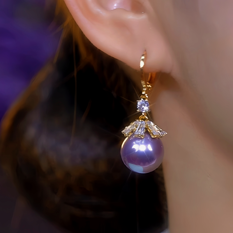 14K Gold-Plated Zircon Purple Pearl Earrings