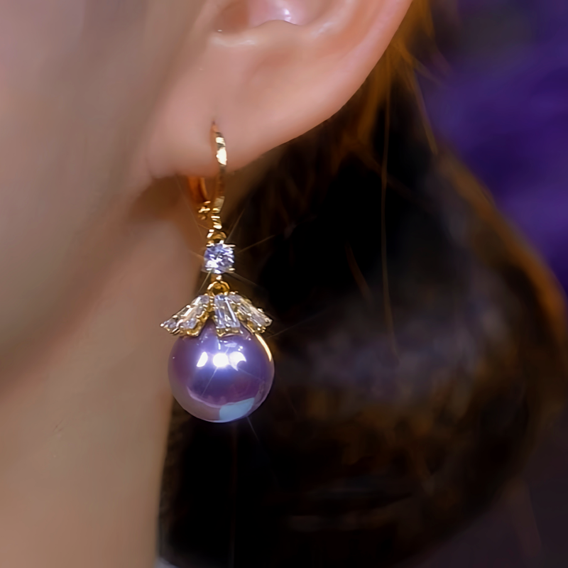 14K Gold-Plated Zircon Purple Pearl Earrings