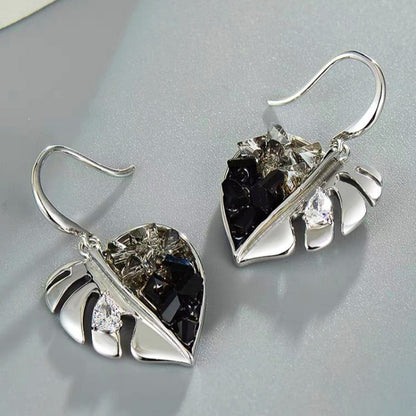 14K Gold-Plated Black Crystal Leaf Ear Hook Earrings