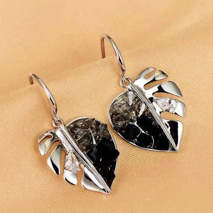 14K Gold-Plated Black Crystal Leaf Ear Hook Earrings