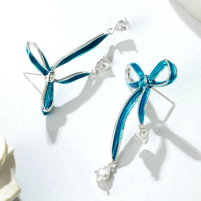 14K Gold-Plated Blue Bow Diamond Earrings