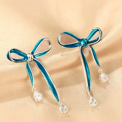 14K Gold-Plated Blue Bow Diamond Earrings