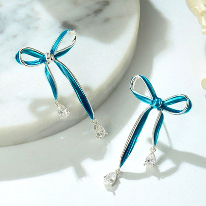 14K Gold-Plated Blue Bow Diamond Earrings