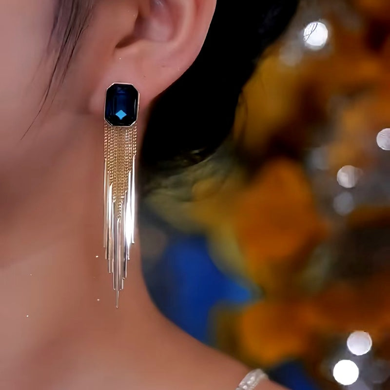 14K Gold-Plated Blue Crystal Tassel Earrings