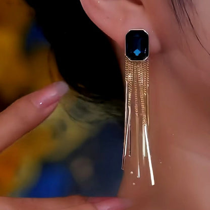 14K Gold-Plated Blue Crystal Tassel Earrings