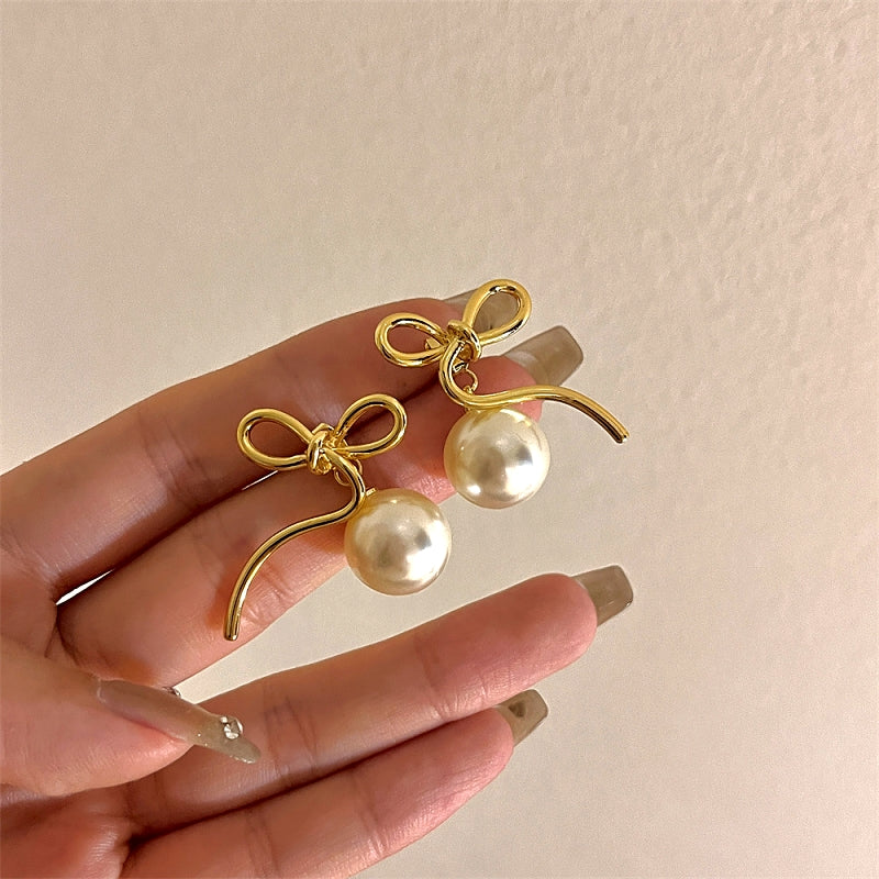 14K Gold-Plated Bow Pearl Earrings