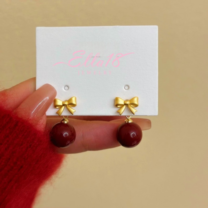 14K Gold-Plated Bow Red Bead Earrings