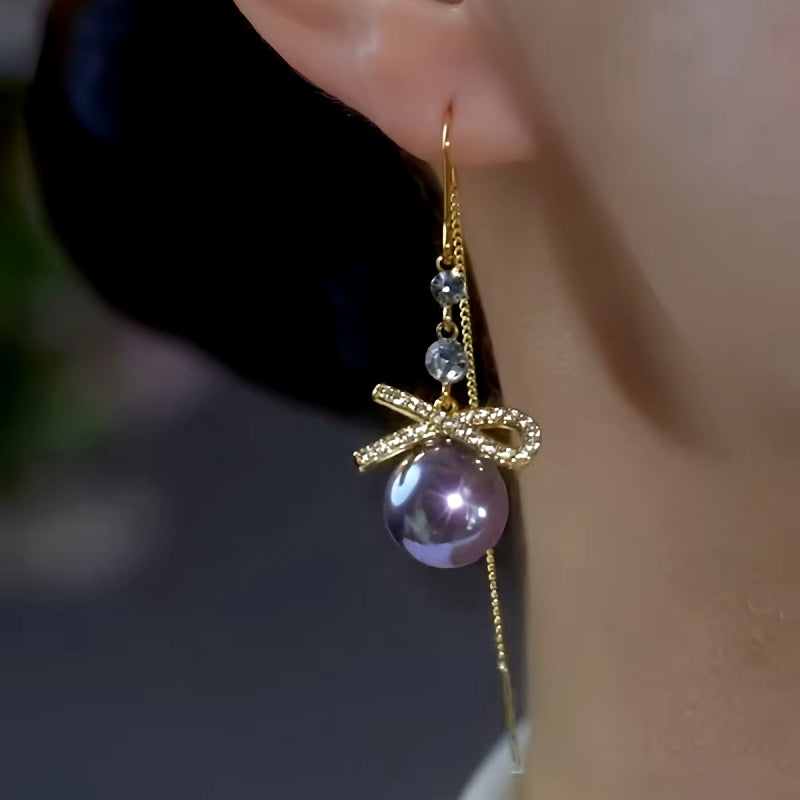 14K Gold-Plated Bowknot Purple Pearl Threader Tassel Earrings