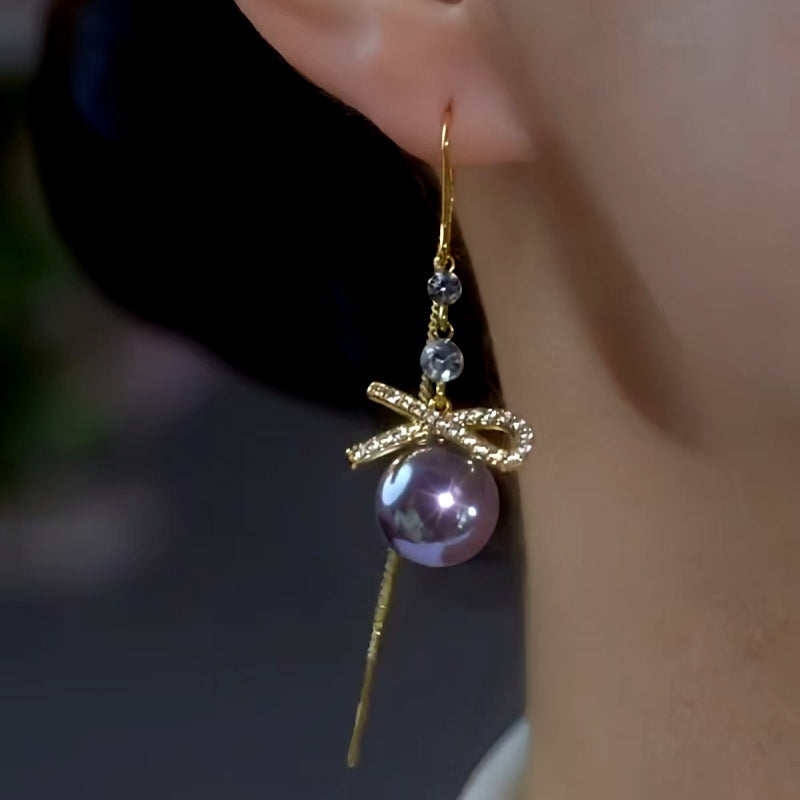 14K Gold-Plated Bowknot Purple Pearl Threader Tassel Earrings