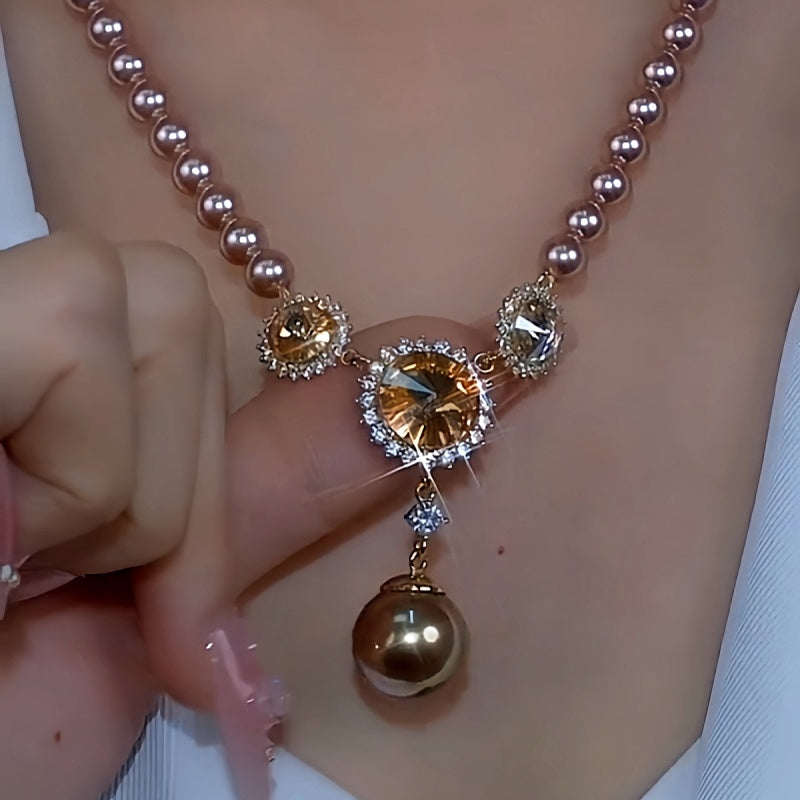 14K Gold-Plated Brown Crystal Sunflower Beaded Necklace