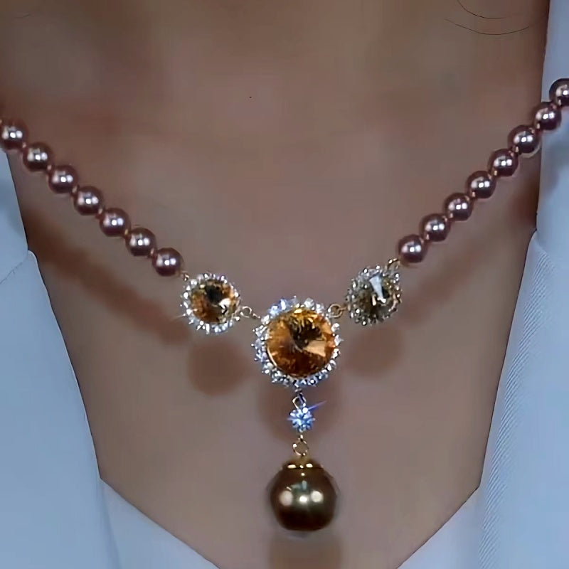 14K Gold-Plated Brown Crystal Sunflower Beaded Necklace