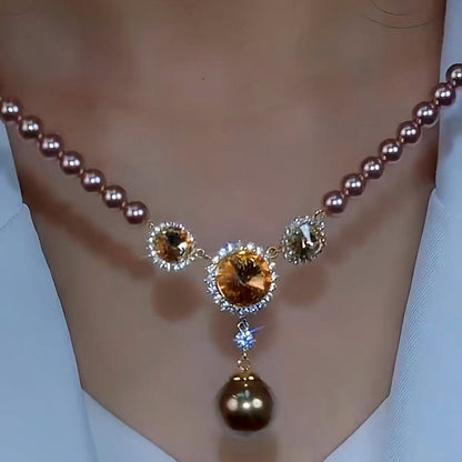 14K Gold-Plated Brown Crystal Sunflower Beaded Necklace