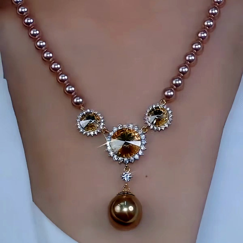 14K Gold-Plated Brown Crystal Sunflower Beaded Necklace