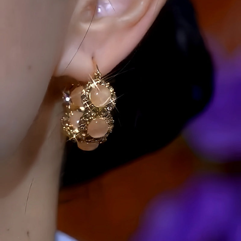 14K Gold-Plated Cat's Eye Stone Diamond Hoop Earrings
