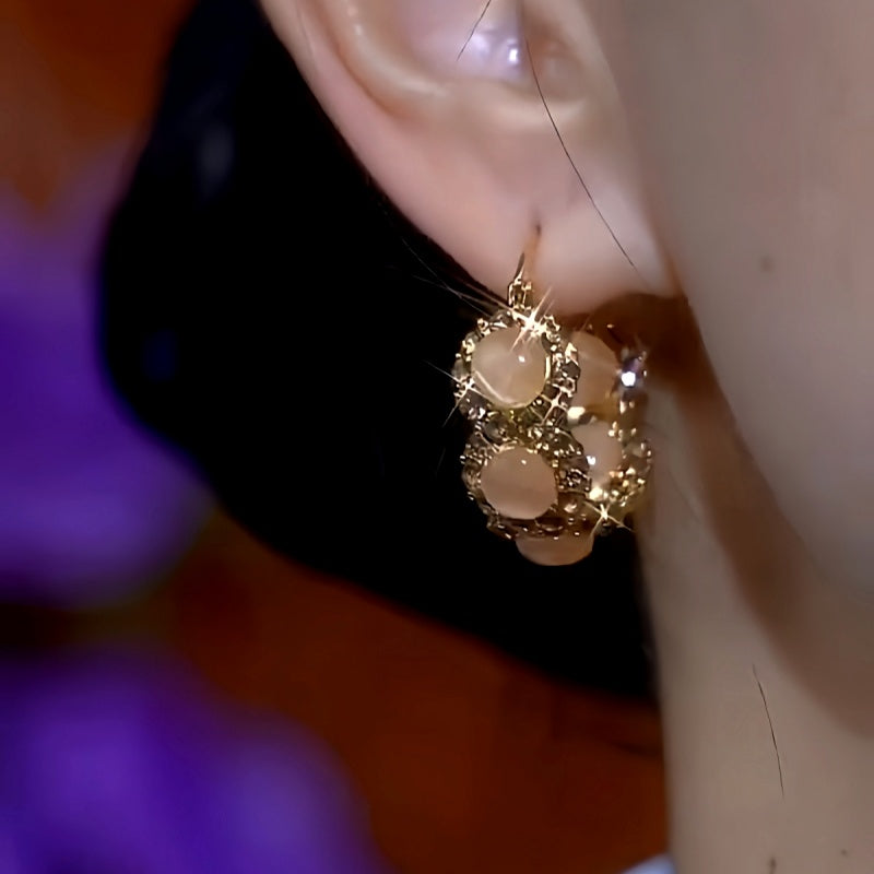 14K Gold-Plated Cat's Eye Stone Diamond Hoop Earrings