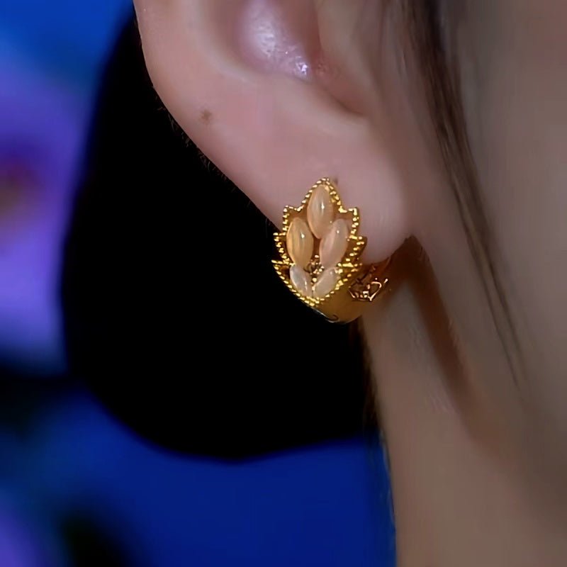 14K Gold-Plated Cat's Eye Stone Diamond Maple Leaf Earrings