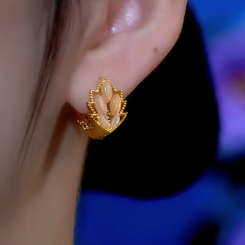 14K Gold-Plated Cat's Eye Stone Diamond Maple Leaf Earrings