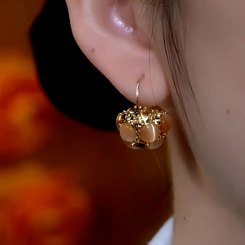14K Gold-Plated Diamond Brown Cat's Eye Basket Earrings