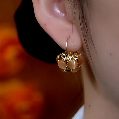 14K Gold-Plated Diamond Brown Cat's Eye Basket Earrings