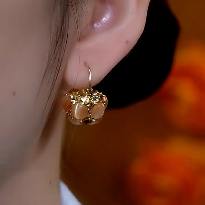 14K Gold-Plated Diamond Brown Cat's Eye Basket Earrings
