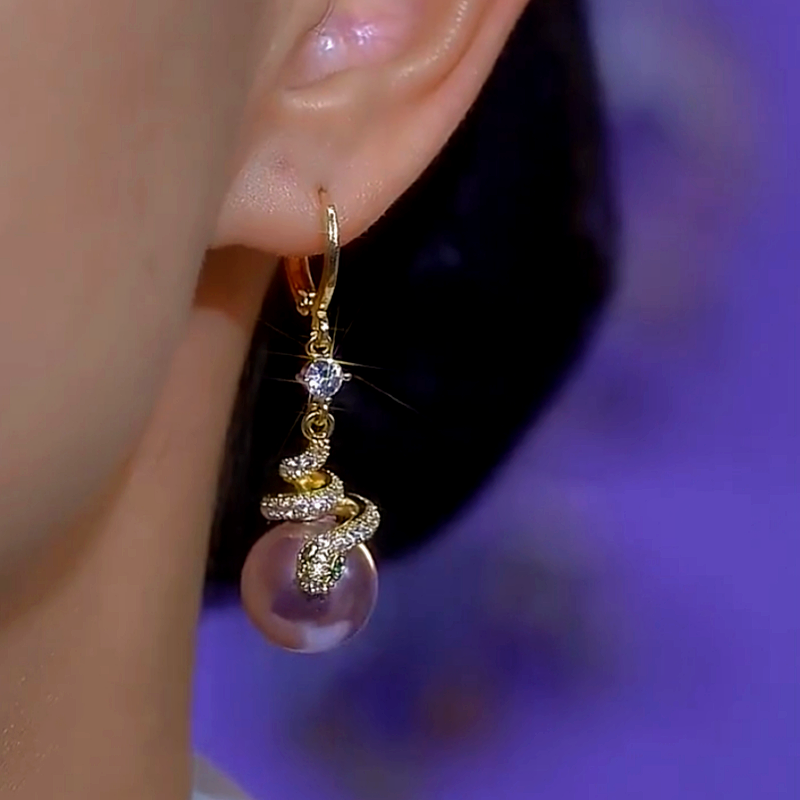 14K Gold-Plated Diamond Snake Purple Pearl Earrings