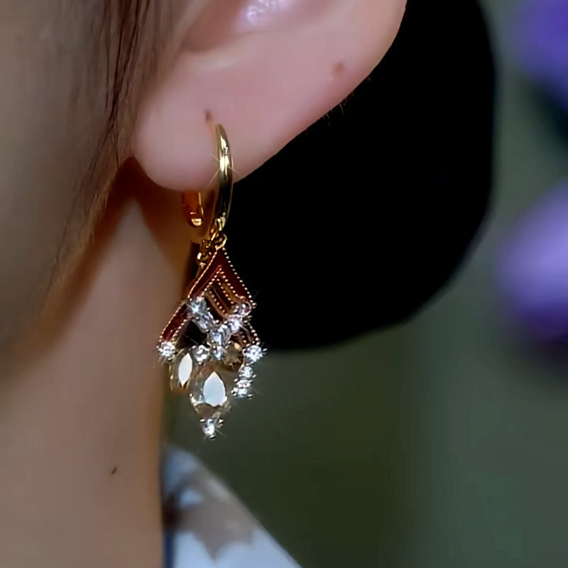 14K Gold-Plated Double-Layer Oil Drop Diamond And Crystal Tassel Earrings