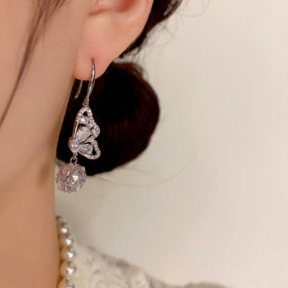 14K Gold-Plated Elegant Diamond Butterfly Ball Ear Hooks