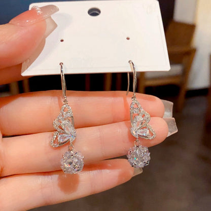 14K Gold-Plated Elegant Diamond Butterfly Ball Ear Hooks