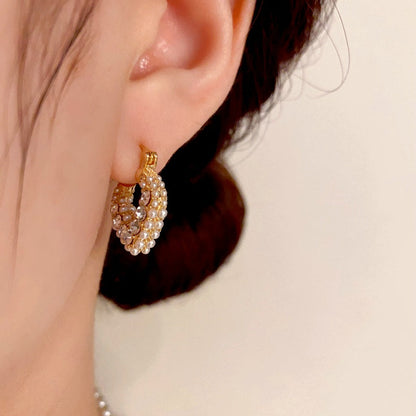 14K Gold-Plated Elegant Heart-Shaped Diamond-Studded Pearl Earrings