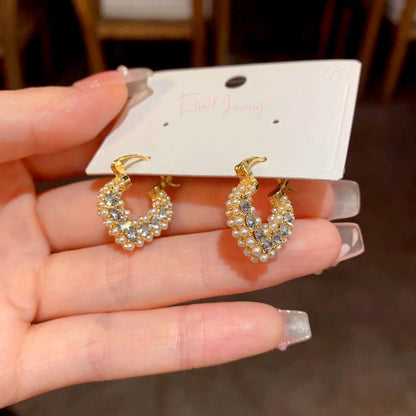 14K Gold-Plated Elegant Heart-Shaped Diamond-Studded Pearl Earrings