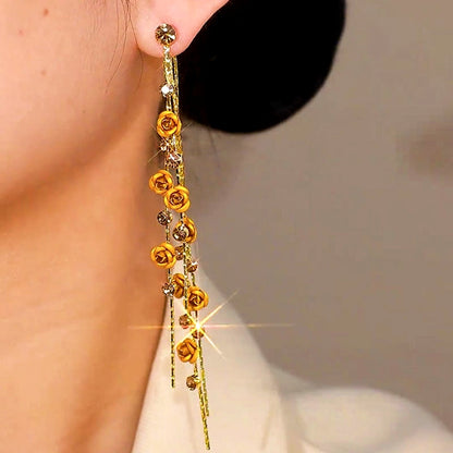 14K Gold-Plated Elegant Rose Tassel Earrings