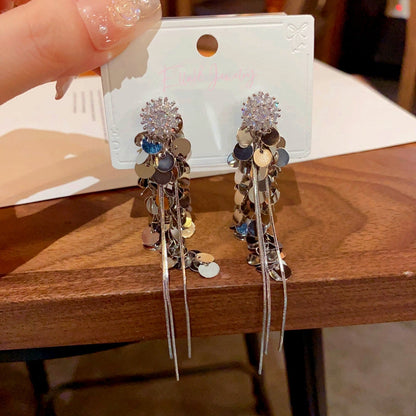 14K Gold-Plated Elegant Zircon Flower Sequin Tassel Earrings