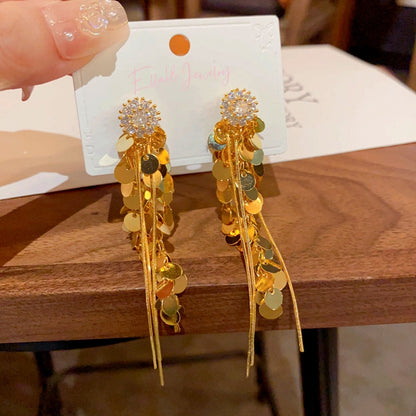 14K Gold-Plated Elegant Zircon Flower Sequin Tassel Earrings