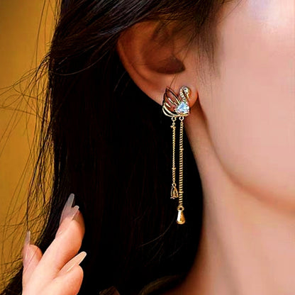 14K Gold-Plated Elegant Zircon Swan Tassel Earrings