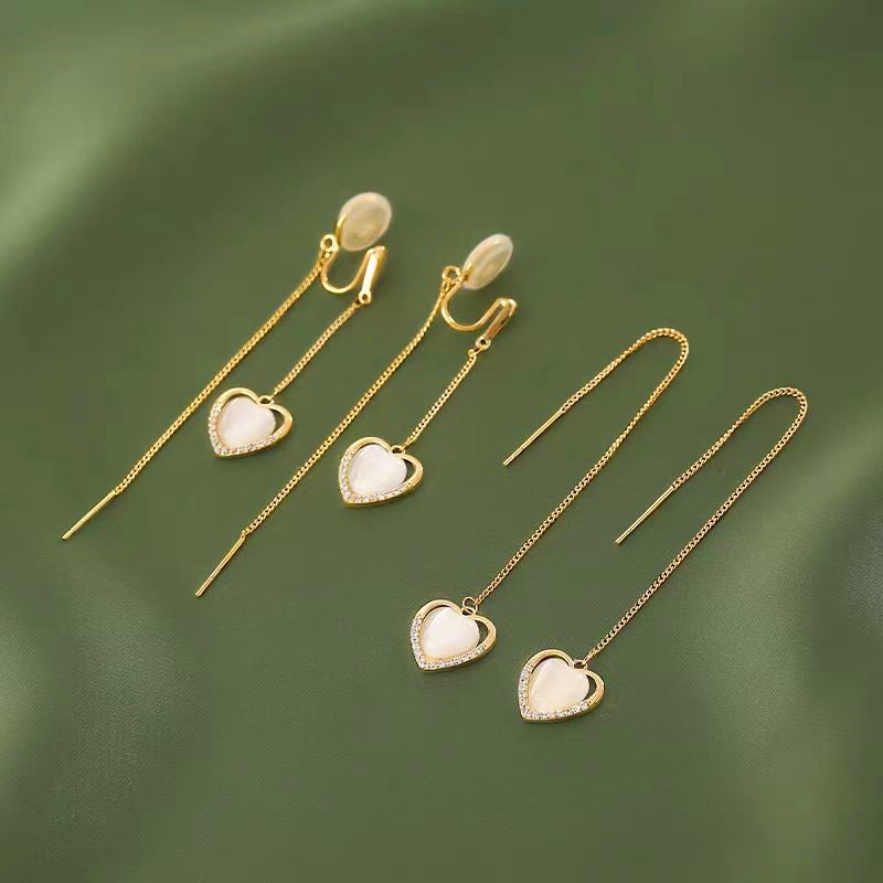 14K Gold-Plated Heart Design Ear Clip And Threader Earrings