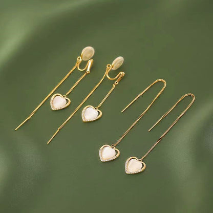 14K Gold-Plated Heart Design Ear Clip And Threader Earrings