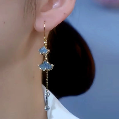 14K Gold-Plated Luxury Blue Crystal Leaf Threader Earrings