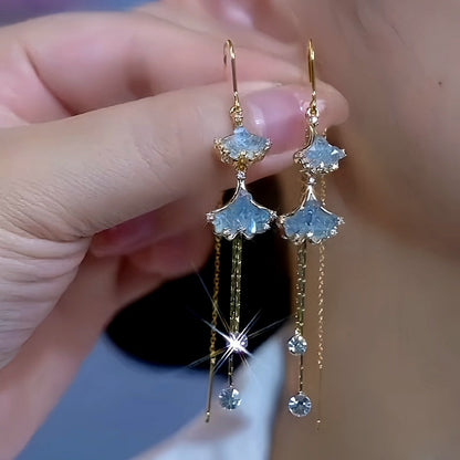 14K Gold-Plated Luxury Blue Crystal Leaf Threader Earrings