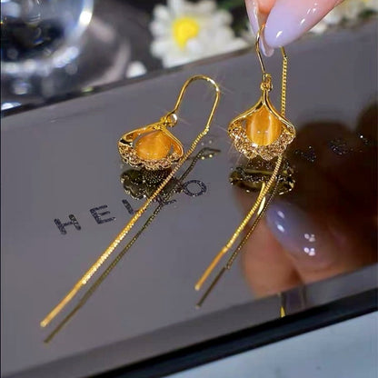 14K Gold-Plated Luxury Brown Leaf Threader Earrings