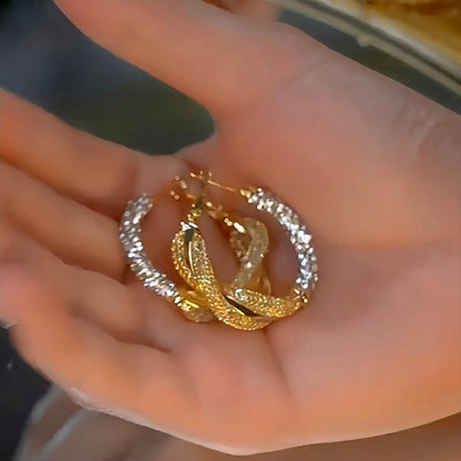 14K Gold-Plated Luxury Diamond Twisted Hoop Earrings