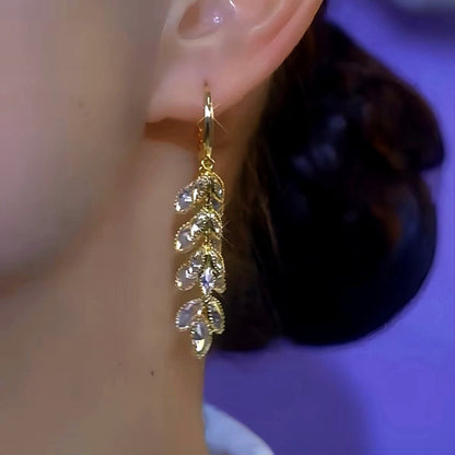 14K Gold-Plated Luxury Zircon Leaf Tassel Earrings