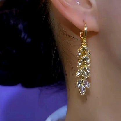 14K Gold-Plated Luxury Zircon Leaf Tassel Earrings