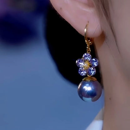 14K Gold-Plated Luxury Zircon Petal Flower Purple Pearl Earrings
