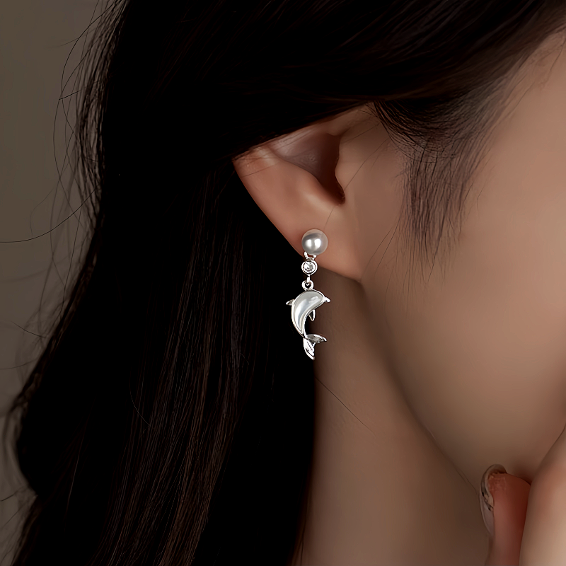 14K Gold-Plated Moonstone Dolphin Pearl Earrings And Necklace Set