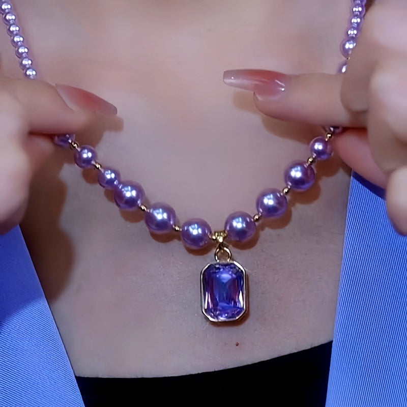 14K Gold-Plated Purple Diamond Pearl Necklace