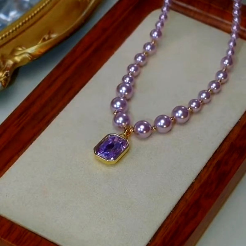 14K Gold-Plated Purple Diamond Pearl Necklace