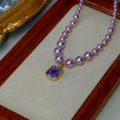 14K Gold-Plated Purple Diamond Pearl Necklace