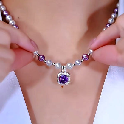 14K Gold-Plated Purple Full Diamond Sugar Cube Pearl Necklace