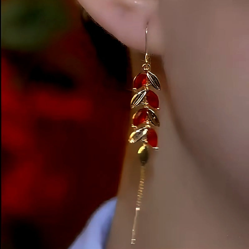 14K Gold-Plated Red Crystal Leaf Tassel Threader Earrings